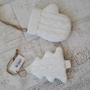 White Ceramic Set of 2 Mitten Tree Woven Knit Texture Christmas Tree Ornaments